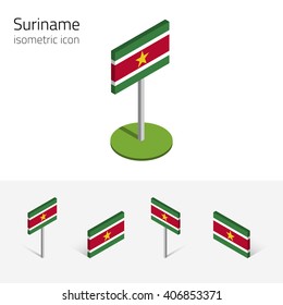Surinamese flag (Republic of Suriname), vector set of isometric flat icons, 3D style, different views. Editable design elements for banner, website, presentation, infographic, poster, map. Eps 10