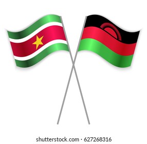 Surinamese and Malawian crossed flags. Suriname combined with Malawi isolated on white. Language learning, international business or travel concept.
