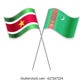 Surinamese and Turkmen crossed flags. Suriname combined with Turkmenistan isolated on white. Language learning, international business or travel concept.