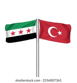 Özgür Suriye Bayrağı ve Türkiye Bayrağı. Suriye Türkiye dostluğu. Dalgalanan Türk bayrağı. Free Syrian flag and Turkish flag