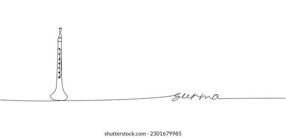 Surma one line art. Continuous line drawing of music, wind, instrument, surma, culture, ukrainian, ethnic, ukraine, traditional, musical, national, folk with an inscription, lettering, handwritten.