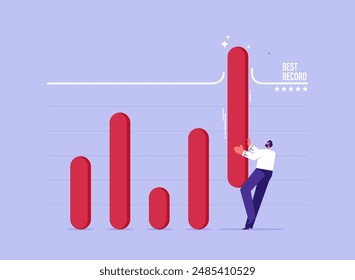 Surpassing business target concept, record breaking sales, earning exceed expectation, businessman making bar graph breaking through record line