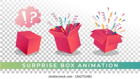 Surpise box animation vector illustration. Vector red box with confetti and ribbons. Festive surprise box for ui, web, print design etc. Vector box with confetti.