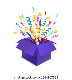 Surpise box animation vector illustration. Vector red box with coins, confetti and ribbons. Sale and discount surprise box for ui, web, print design etc. Vector box set with confetti.