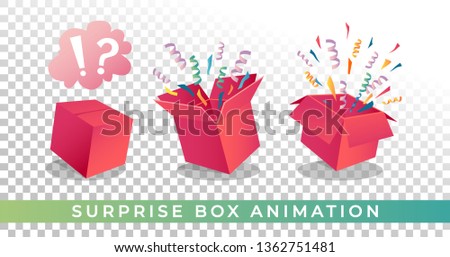 Surpise box animation vector illustration. Vector red box with confetti and ribbons. Festive surprise box for ui, web, print design etc. Vector box with confetti.