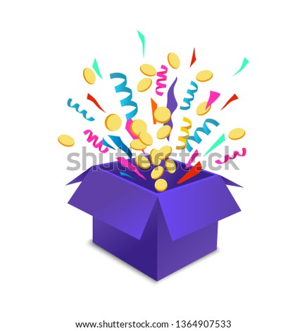 Surpise box animation vector illustration. Vector red box with coins, confetti and ribbons. Sale and discount surprise box for ui, web, print design etc. Vector box set with confetti.