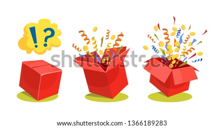 Surpise box animation vector illustration. Vector red box with coins, confetti and ribbons. Sale and discount surprise box for ui, web, print design etc. Vector box set with confetti.