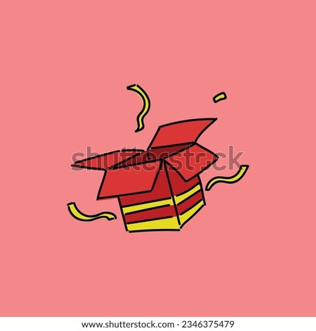 Surpise box vector illustration. Vector red box , confetti and ribbons. Sale and discount surprise box for ui, web, print design etc. Vector box set with confetti.