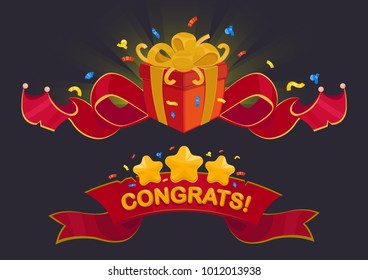 Surpise Gift Box With Elegant Ribbon And Congratulation Greeting With Gold Star And Ribbon