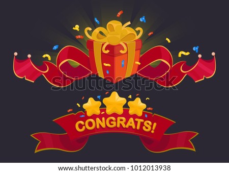 Surpise Gift Box With Elegant Ribbon And Congratulation Greeting With Gold Star And Ribbon