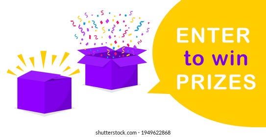 Surpise gift box. Opened box with burst confetti and ribbons. Enter to win prizes. Design element for celebration, holiday and birthday. Vector illustration.