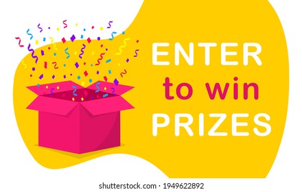 Surpise gift box. Opened box with burst confetti and ribbons. Enter to win prizes. Design element for celebration, holiday and birthday. Vector illustration.