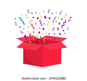 Surpise gift box. Opened box with confetti and ribbons. Design element for celebration, holiday and birthday. Vector illustration.