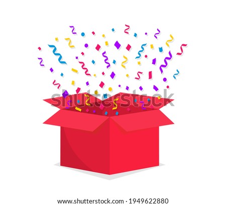 Surpise gift box. Opened box with confetti and ribbons. Design element for celebration, holiday and birthday. Vector illustration.
