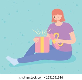 surpised girl opening gift box cartoon vector illustration