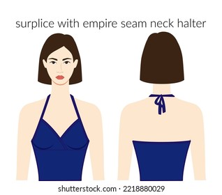 Surplice with empire seam neckline halter clothes character beautiful lady in blue top, shirt, dress technical fashion illustration. Flat apparel template front, back. Women, men unisex CAD mockup