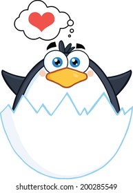 Surprise Baby Penguin Out Of An Egg Shell With Speech Bubble With Heart