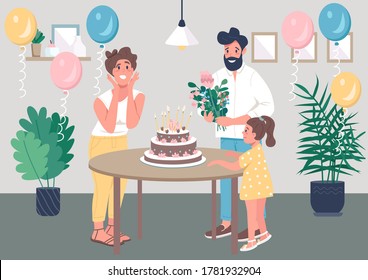 Surprise bday party flat color vector illustration. Husband and daughter congratulate mom. Celebrate anniversary together. Happy family 2D cartoon characters with interior on background