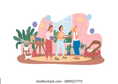 Cartel vectorial 2D de la fiesta de cumpleaños sorpresa, afiche. Chicas felices amigos personajes llanos sobre el fondo de las caricaturas. Mujeres celebran vacaciones en el parche que se puede imprimir en casa, elemento web colorido