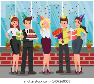 Surprise Birthday Party Flat Vector Illustration. Friends Greeting with Cake, Flowers and Gifts. Boss, Workers Congratulate Colleague with Career Growth. Frendly Staff, Coworkers Relationship