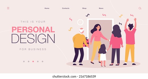 Surprise birthday party for woman from friends and family. Group of people celebrating with confetti and gift flat vector illustration. Holiday concept for banner, website design or landing web page