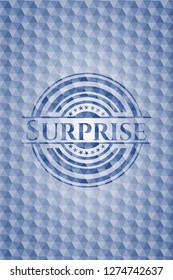 Surprise blue emblem or badge with geometric pattern background.