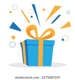 Surprise blue gift box, birthday celebration, special give away package, loyalty program reward, wonder gift with exclamation mark, vector icon, flat illustration