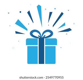 Caja de regalo azul sorpresa. regalo de maravilla con signo de exclamación. Regalos y regalos para la celebración del día de fiesta y oferta especial de las ventas,