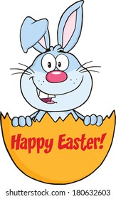 Surprise Blue Rabbit Peeking Out Of An Easter Egg With Text. Vector Illustration Isolated on white