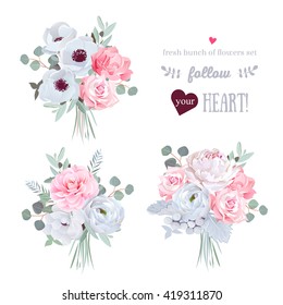 Surprise bouquets of rose, peony, anemone, camellia, brunia flowers and eucalyptus leaves. Vector design set. All elements are isolated and editable.