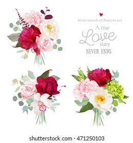 Surprise bouquets of rose, peony, green and pink hydrangea, orchid and eucalyptus leaves. Romantic gifts vector design set. All elements are isolated and editable.