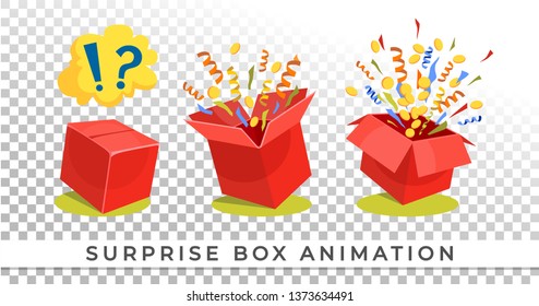 Surprise box animation isolated on white backgroud. Red gift box with confetti and coins isolated on transparent background. Vector illustration for mobile or web design.