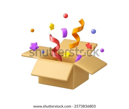 Surprise box with confetti vector 3d icon. Mystery gift concept. Cardboard parcel with festive decoration inside