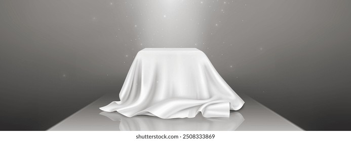 Surprise box covered with white silk cloth. Vector realistic illustration of secret gift package hidden under satin fabric, shimmering particles flying in air, product presentation on glossy pedestal