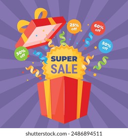 Cuadro sorpresa con texto de descuento. Oferta promocional del día de compras, confeti y estrellas que vuelan fuera del envase del regalo de la cartulina, Anuncio del Web de la venta, comercialización promocional, concepto aislado del Vector