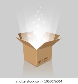 Surprise box. Empty magic opened box with present for birthday, anniversary or holiday party, vector illustration