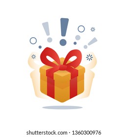 Surprise box flat icon with a gift decorative bow, exclamation mark on a white background. Vector Illustration