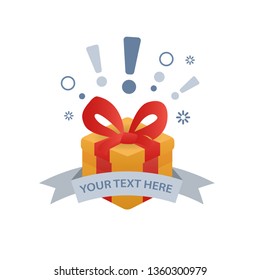 Surprise box flat icon with a gift decorative bow, exclamation mark, ribbon on a white background. Vector Illustration