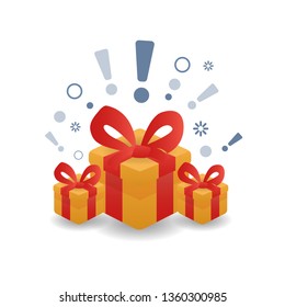 Surprise box flat icon with a gift decorative bow, exclamation mark on a white background. Vector Illustration