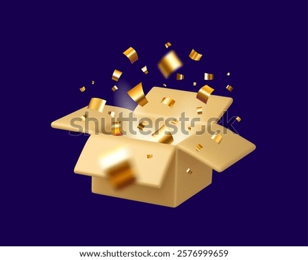Surprise box with gold confetti vector 3d icon. Mystery gift concept. Cardboard present with shining golden festive decoration inside isolated on dark background