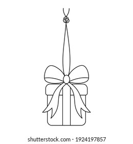 The surprise box hangs on a string with a knot. Sketch. The gift in the box is tied with a bow. Vector illustration. Coloring book. Hanging decoration. A cute present is suspended on a string. 