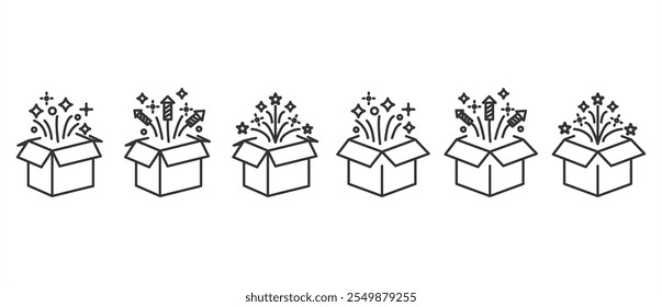 Surprise box icon. Magic box icon set. Surprise gift box, present. Open gift box and magic stars and more. Thin line icon set. Symbol collection in transparent background. Editable vector stroke.