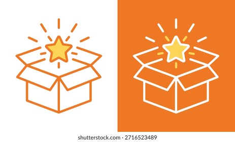 Conjunto de iconos de caja sorpresa, explosión de estrella brillante, ilustración de cartón abierta, diseño de Vector mínimo, concepto de recompensa, diseño de doble color