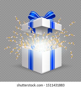 Surprise box. Opening gift box with blue silk ribbon bow. Vector Christmas, Birthday, anniversary present isolated on transparent background