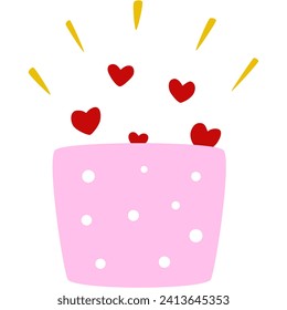 surprise box, pink box circle pattern, red hearts, valentine day gift box, vector illustration 
