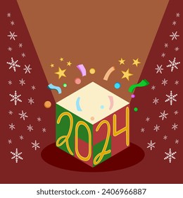 Surprise box representing the new year 2024, with light, confetti and ribbons, with a reddish background and snowflakes around.