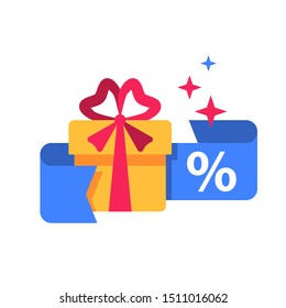 Surprise box, special reward, prize giveaway, loyalty present, percentage sign, incentive or perks, bonus program, creative idea, vector flat design illustration