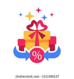 Surprise box, special reward, prize giveaway, loyalty present, percentage sign, incentive or perks, bonus program, creative idea, vector flat design illustration