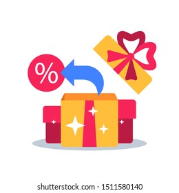 Surprise box, special reward, prize giveaway, loyalty present, percentage sign, incentive or perks, bonus program, creative idea, vector flat design illustration