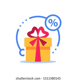 Surprise box, special reward, prize giveaway, loyalty present, percentage sign, incentive or perks, bonus program, creative idea, vector flat design illustration